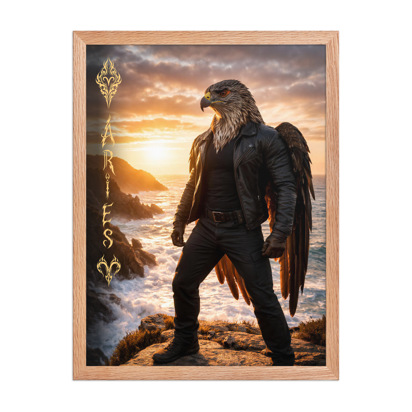 Framed Aries man poster featuring a powerful eagle figure standing above ocean cliffs at sunset, symbolizing strength, courage, and leadership.