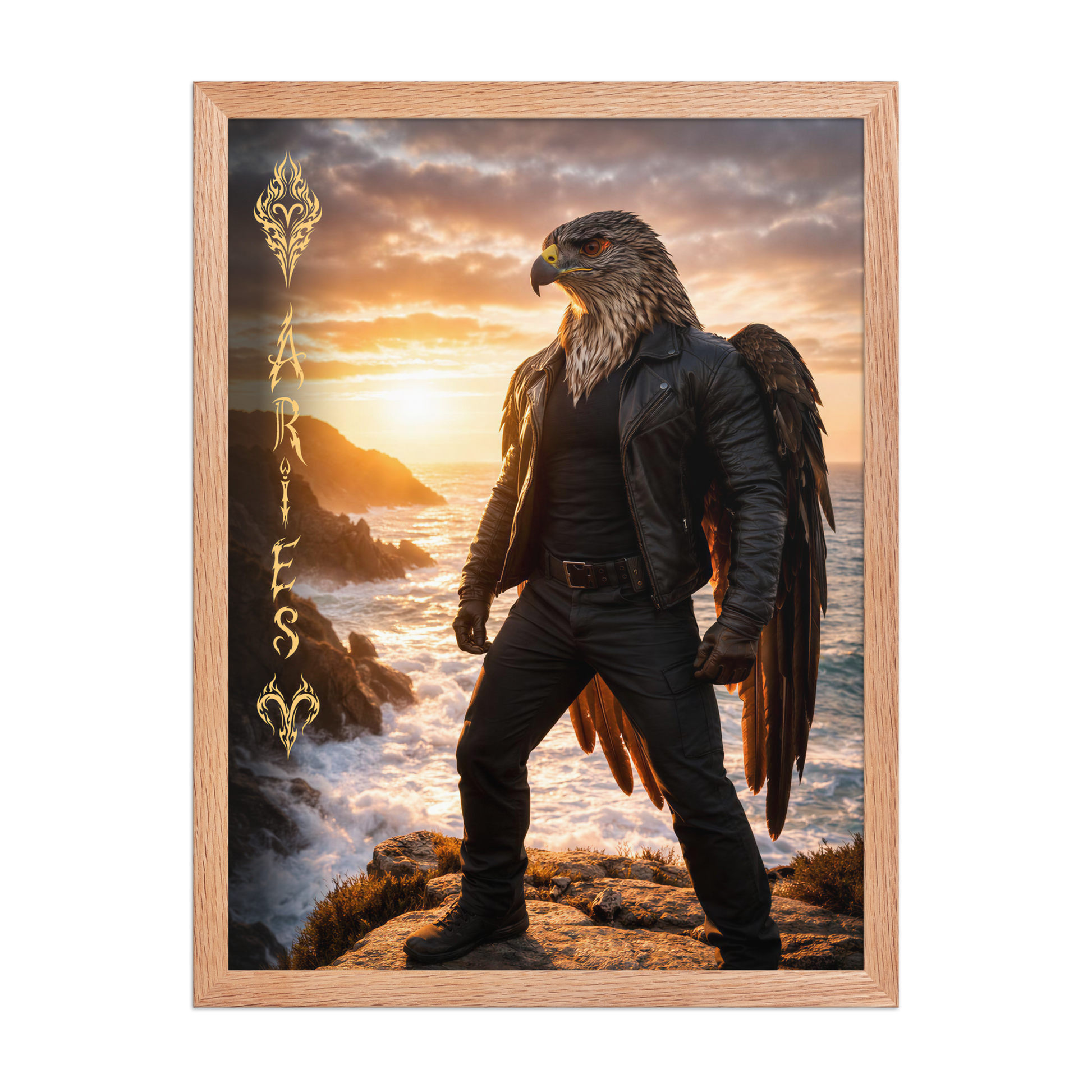 Framed Aries man poster featuring a powerful eagle figure standing above ocean cliffs at sunset, symbolizing strength, courage, and leadership.