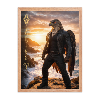 Framed Aries man poster featuring a powerful eagle figure standing above ocean cliffs at sunset, symbolizing strength, courage, and leadership.