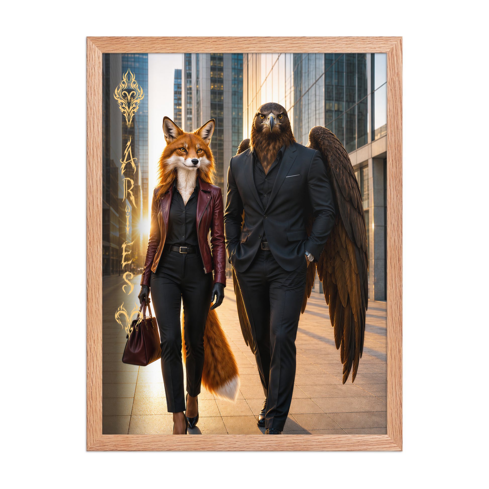 Framed Aries power couple poster featuring eagle and fox archetypes walking through a modern city, symbolizing strength, ambition, and partnership.