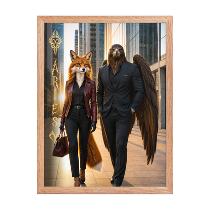Framed Aries power couple poster featuring eagle and fox archetypes walking through a modern city, symbolizing strength, ambition, and partnership.
