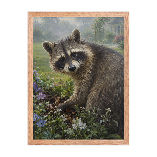 Garden Raccoon Curiosity Framed Poster