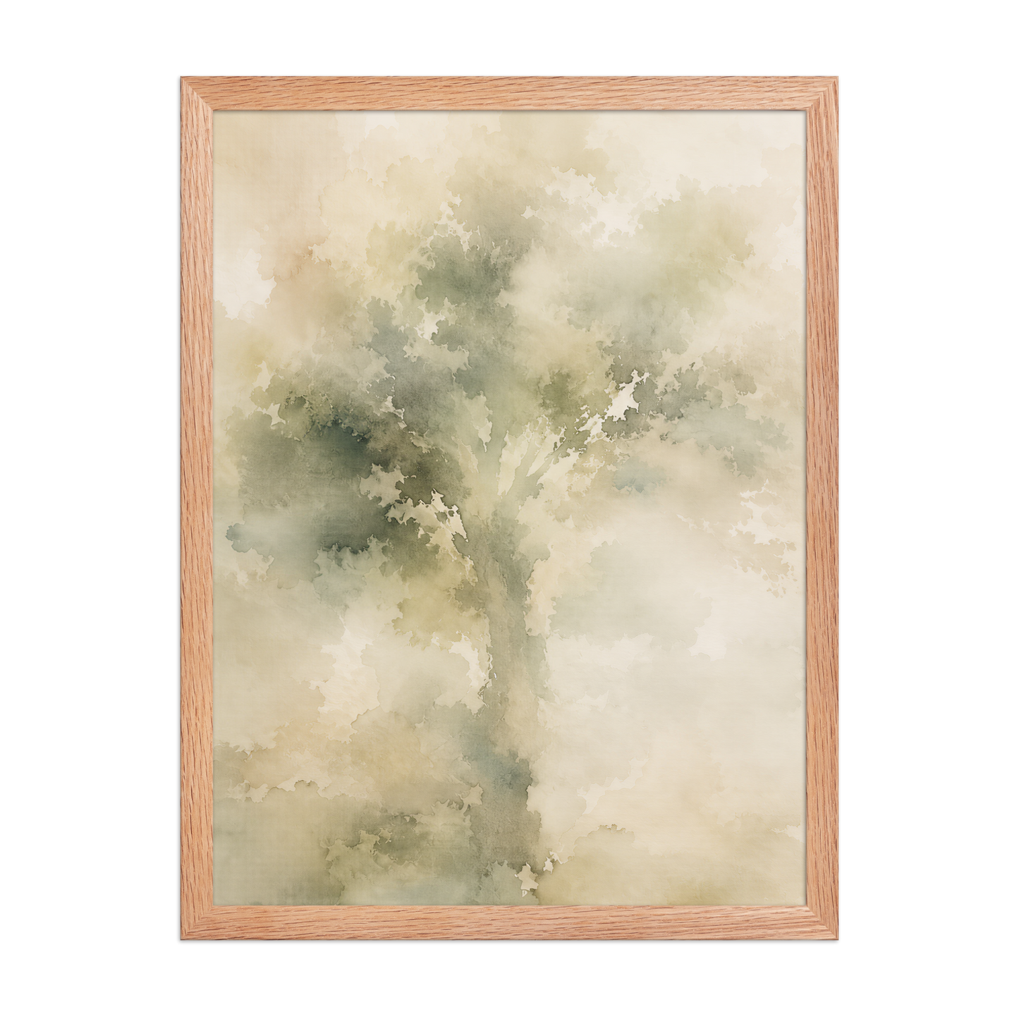 Framed minimalist nature poster featuring a softly emerging tree form in muted green and warm neutral tones.