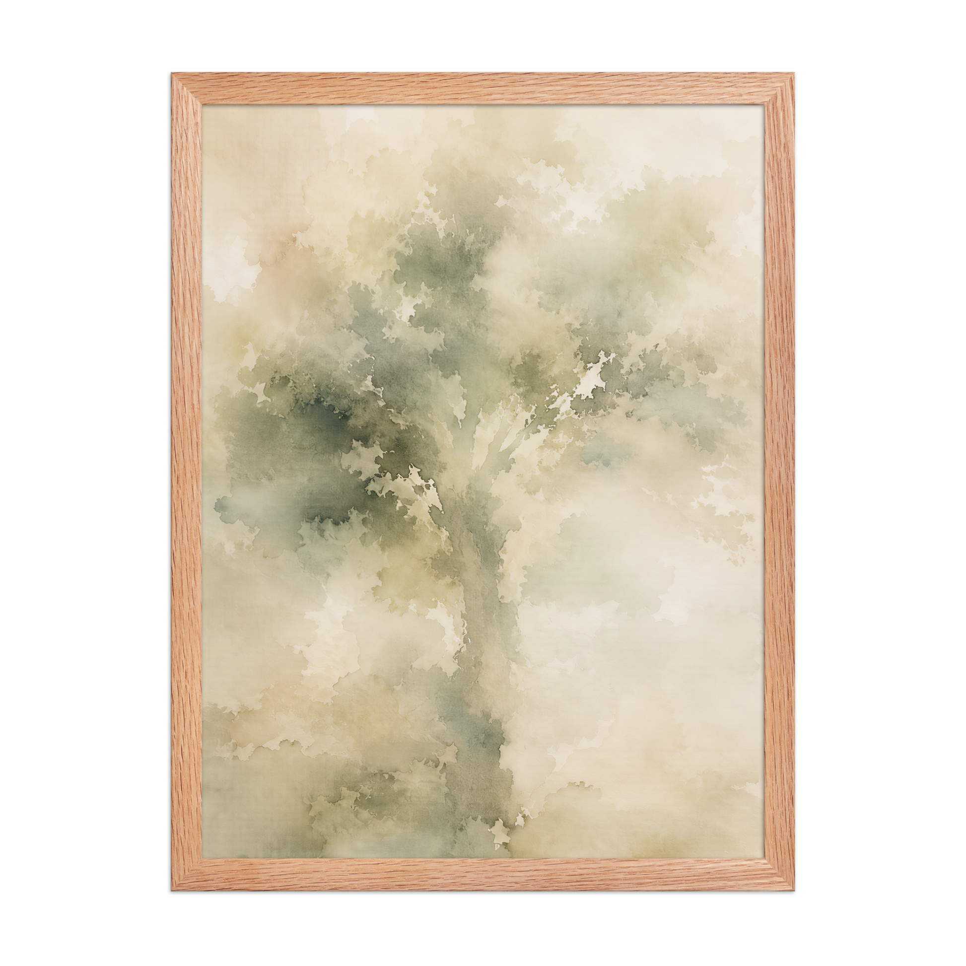 Framed minimalist nature poster featuring a softly emerging tree form in muted green and warm neutral tones.