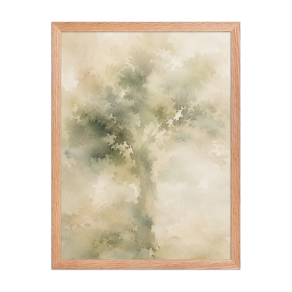 Framed minimalist nature poster featuring a softly emerging tree form in muted green and warm neutral tones.