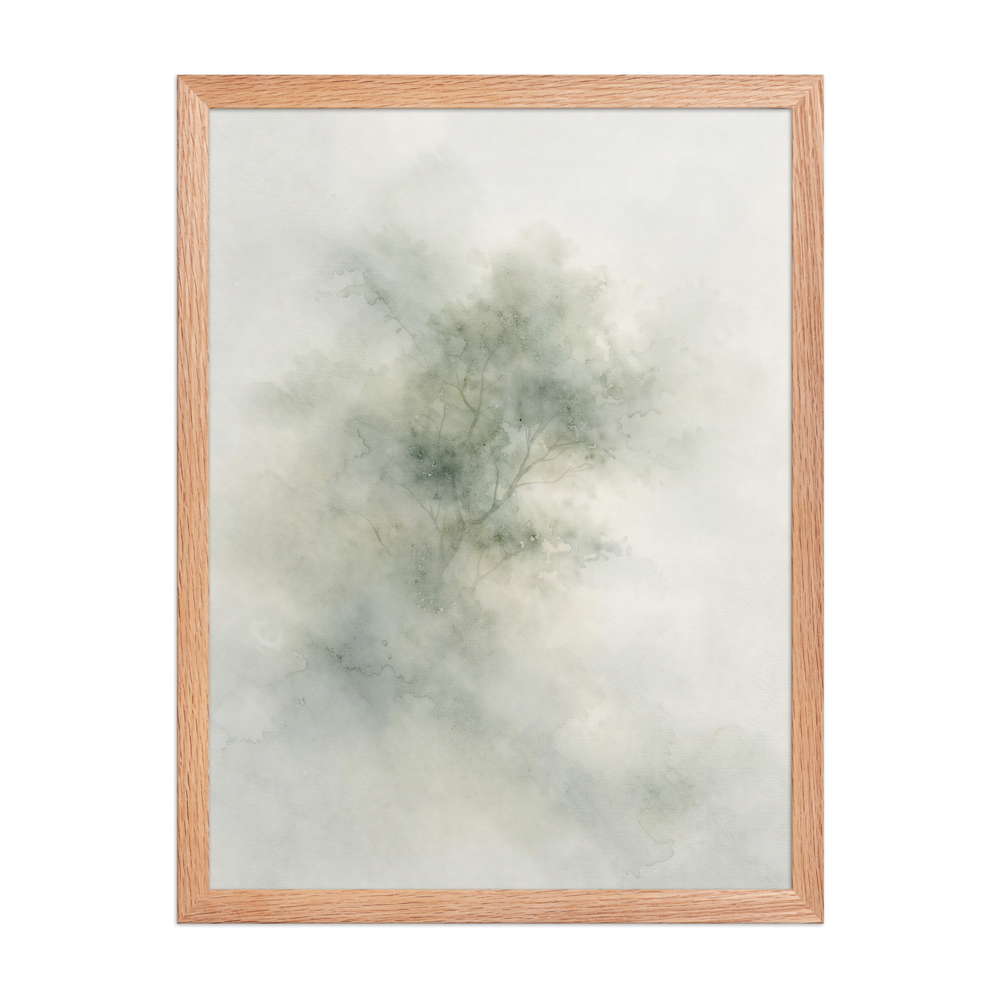 Framed minimalist watercolor-inspired artwork with a softly emerging tree form and subtle neutral tones.