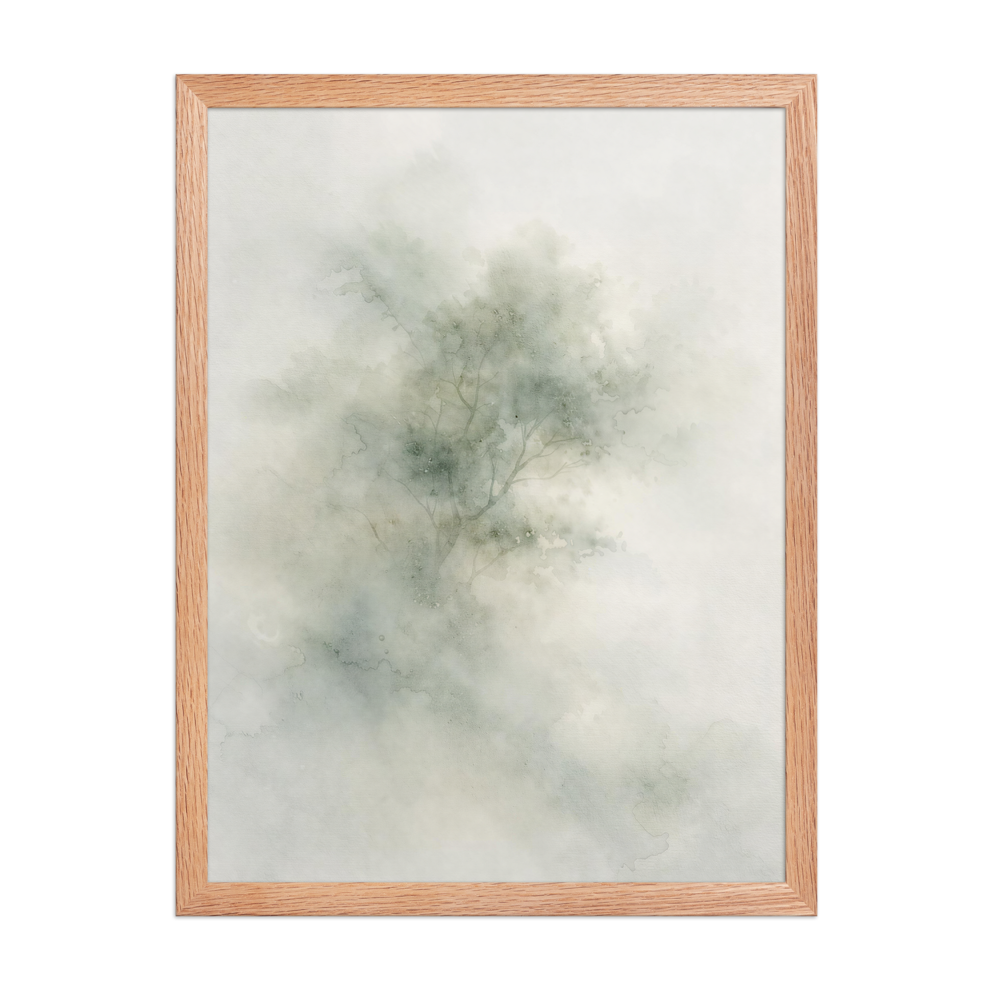 Framed minimalist watercolor-inspired artwork with a softly emerging tree form and subtle neutral tones.