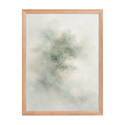 Framed minimalist watercolor-inspired artwork with a softly emerging tree form and subtle neutral tones.