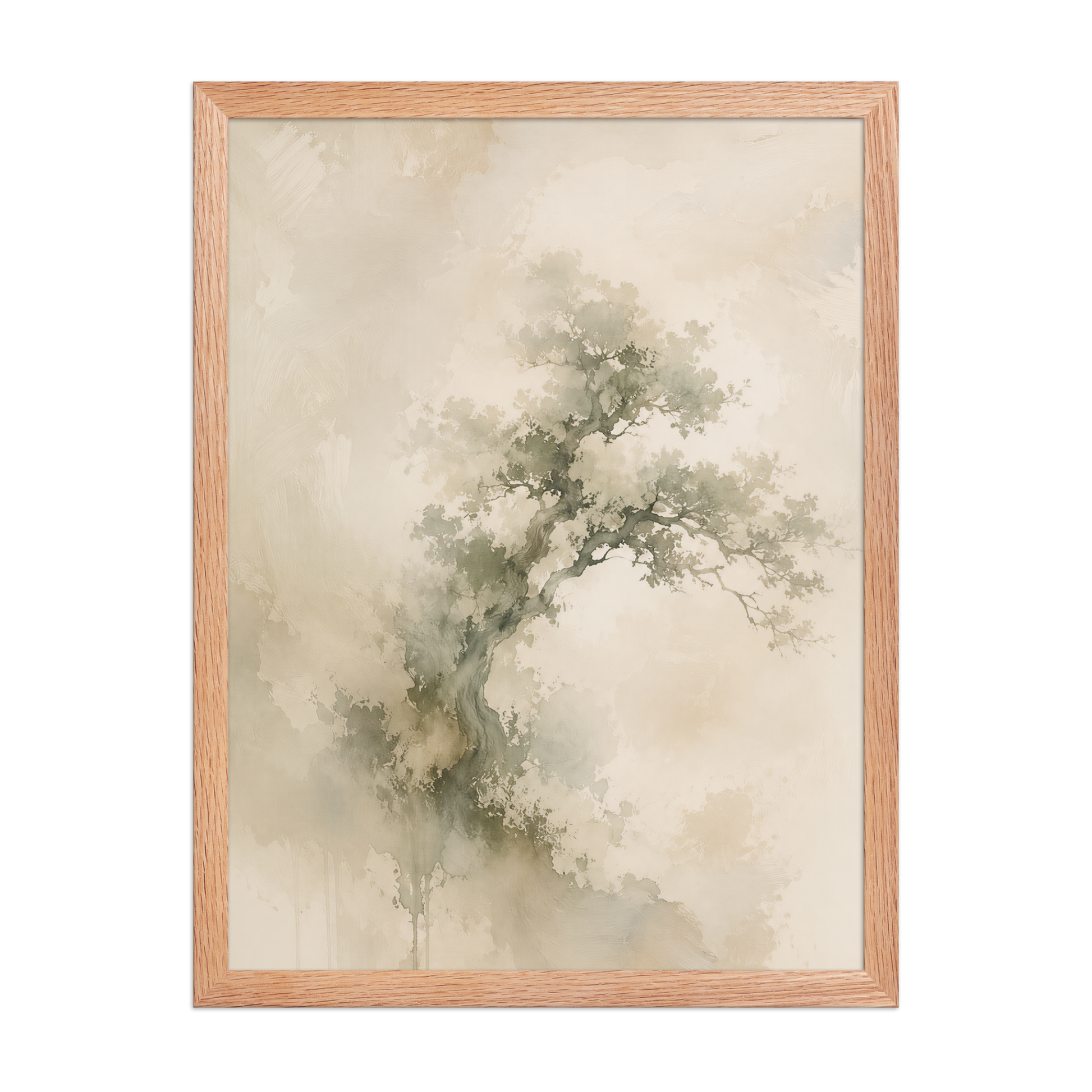 Framed minimalist nature-inspired poster featuring an emerging tree form in soft earthy neutral tones.