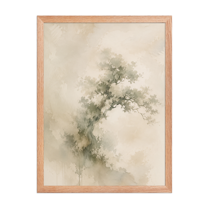 Framed minimalist nature-inspired poster featuring an emerging tree form in soft earthy neutral tones.