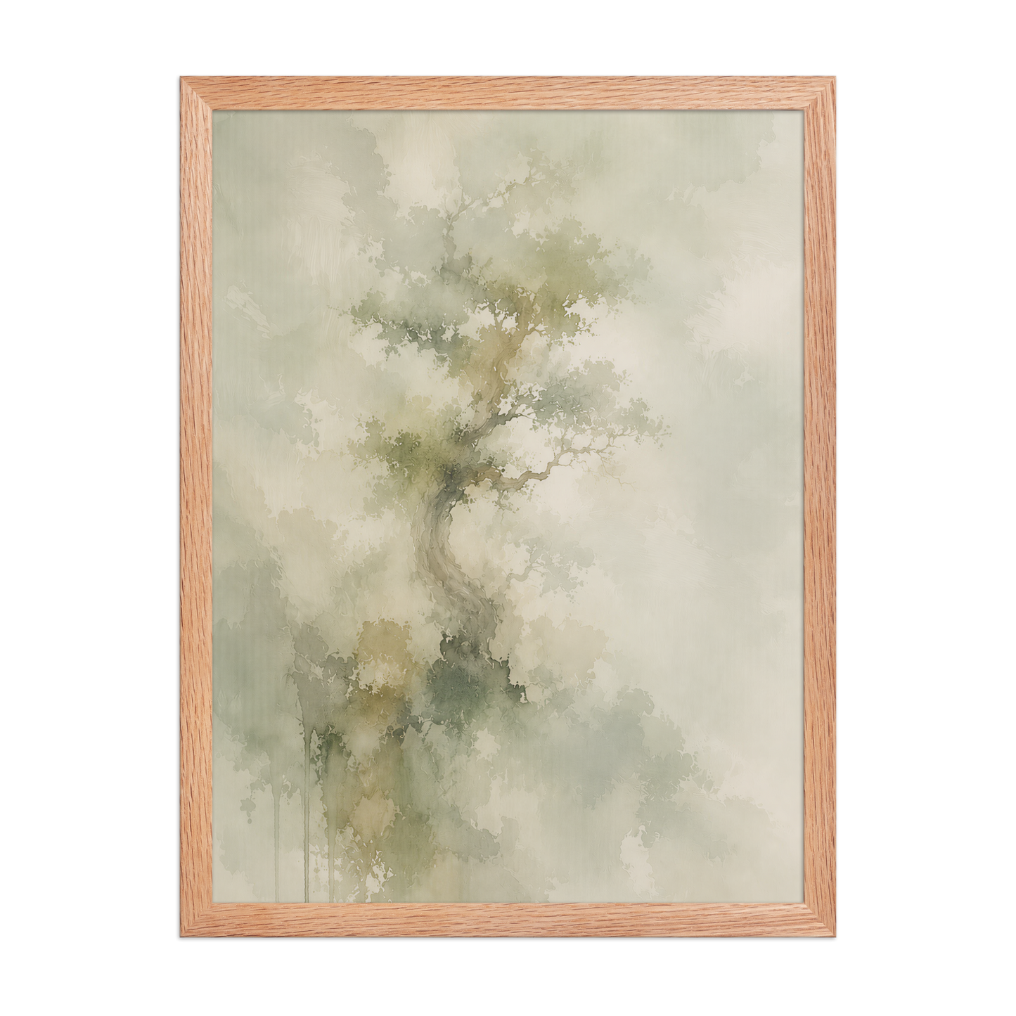Framed minimalist nature-inspired poster featuring a softly emerging tree form in muted neutral tones and organic watercolor textures.