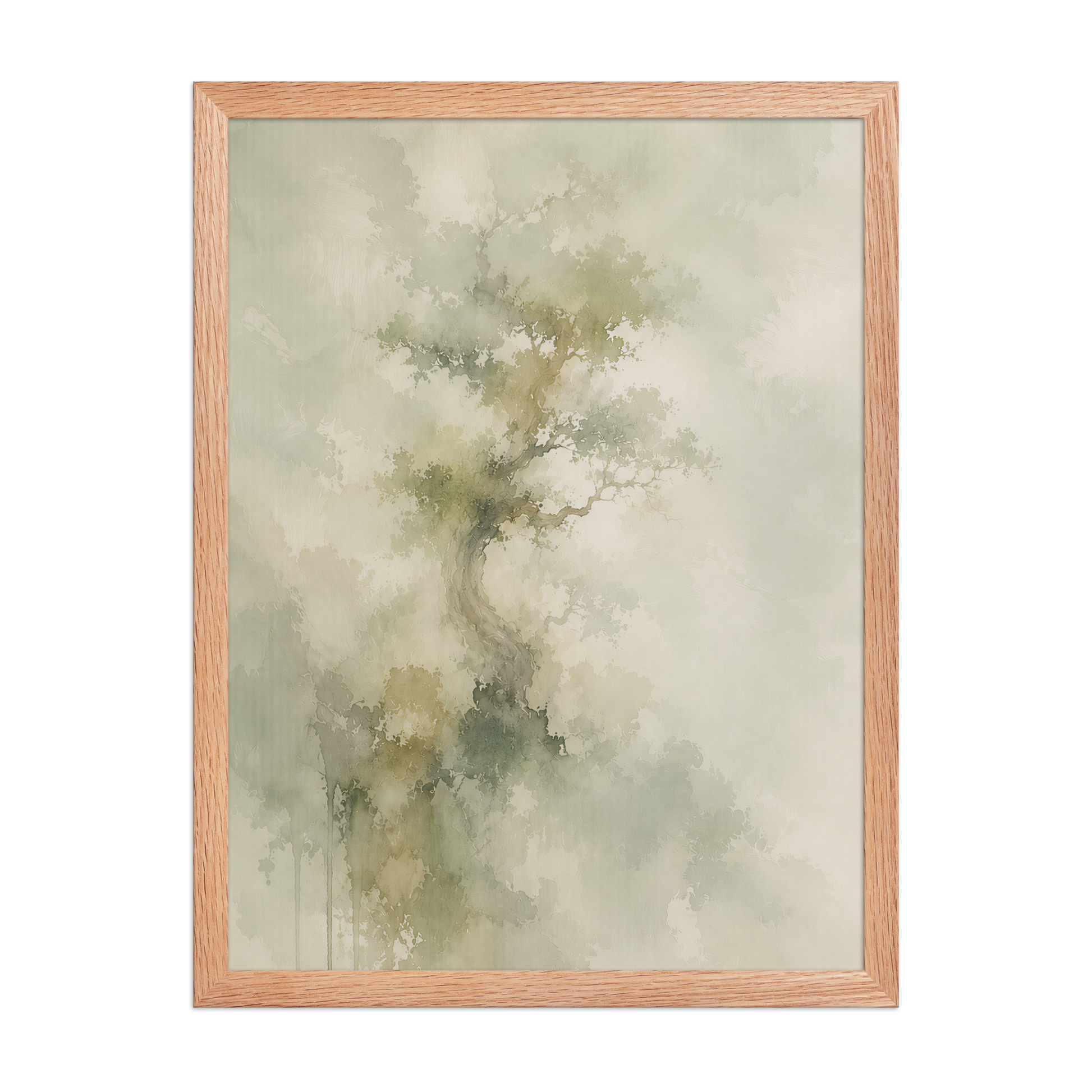 Framed minimalist nature-inspired poster featuring a softly emerging tree form in muted neutral tones and organic watercolor textures.