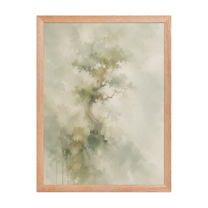 Framed minimalist nature-inspired poster featuring a softly emerging tree form in muted neutral tones and organic watercolor textures.