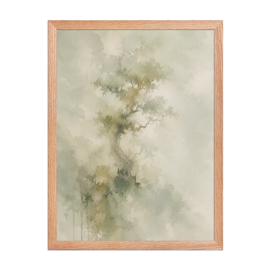 Framed minimalist nature-inspired poster featuring a softly emerging tree form in muted neutral tones and organic watercolor textures.