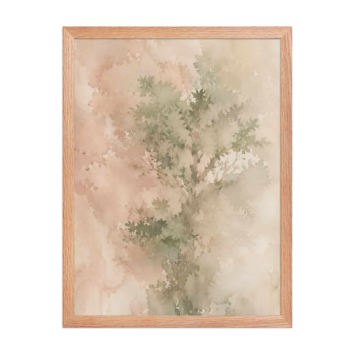 Framed minimalist nature-inspired poster featuring a softly emerging tree form in blush, sage, and warm neutral tones.