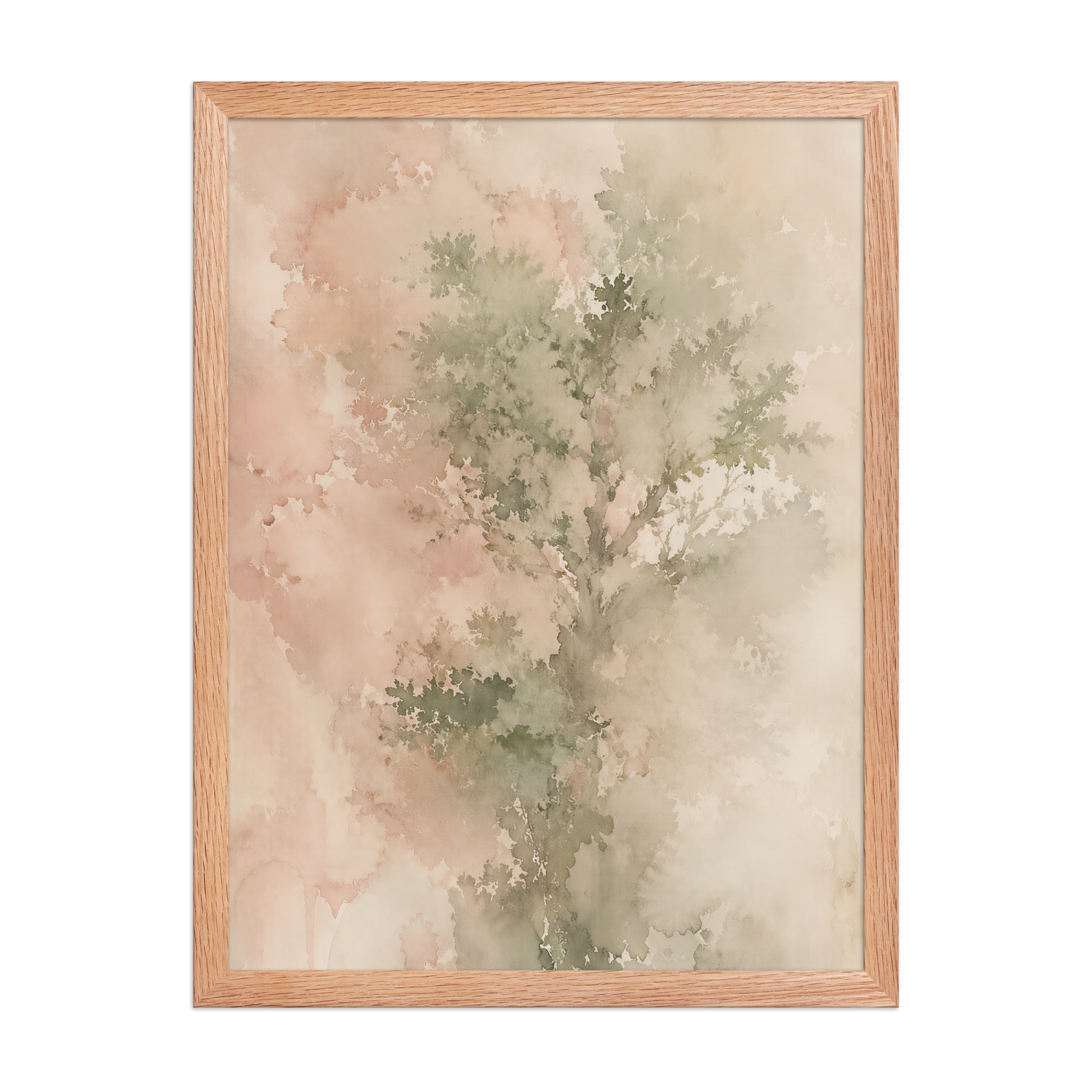 Framed minimalist nature-inspired poster featuring a softly emerging tree form in blush, sage, and warm neutral tones.