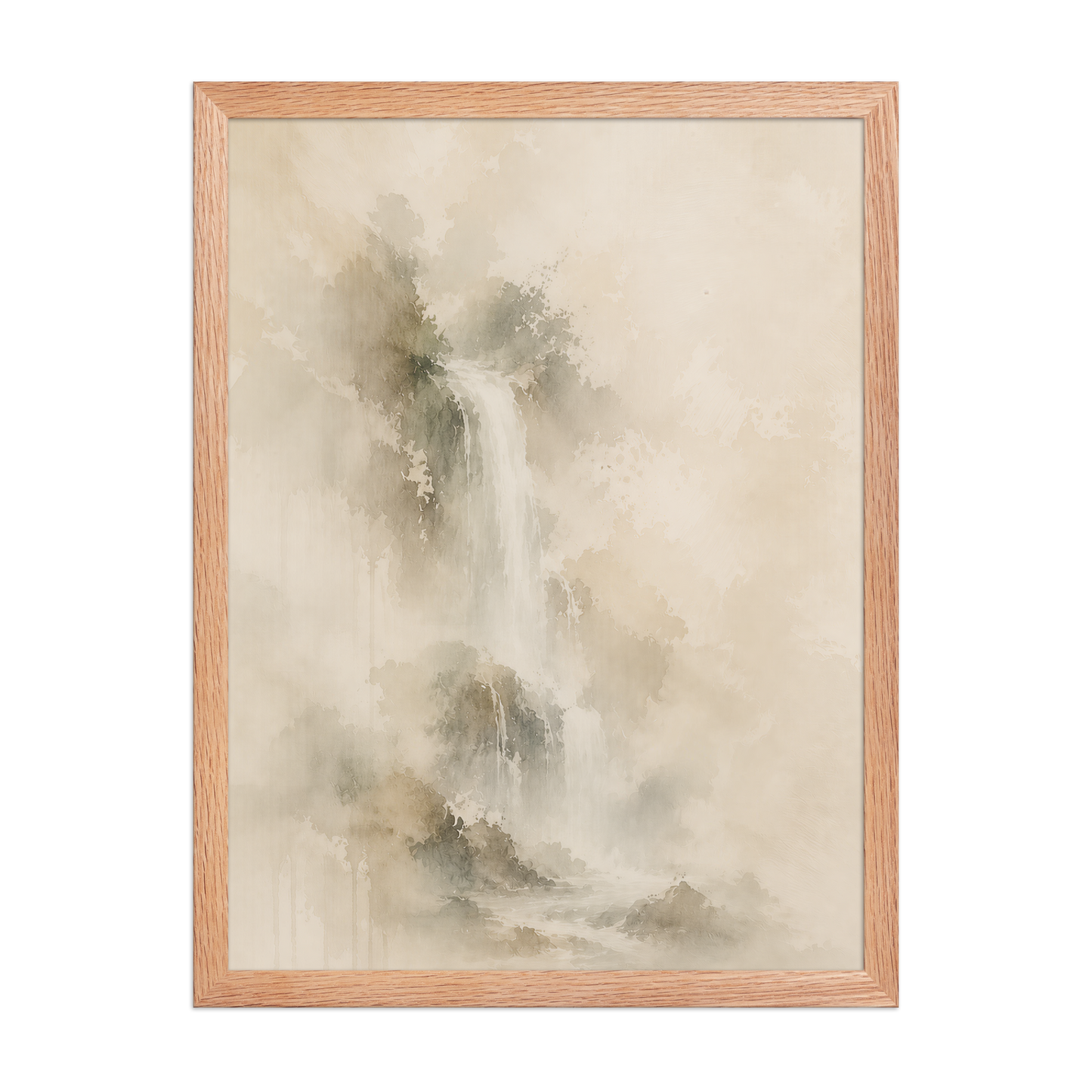 Framed waterfall-inspired poster featuring soft flowing forms in warm neutral and muted earth tones.
