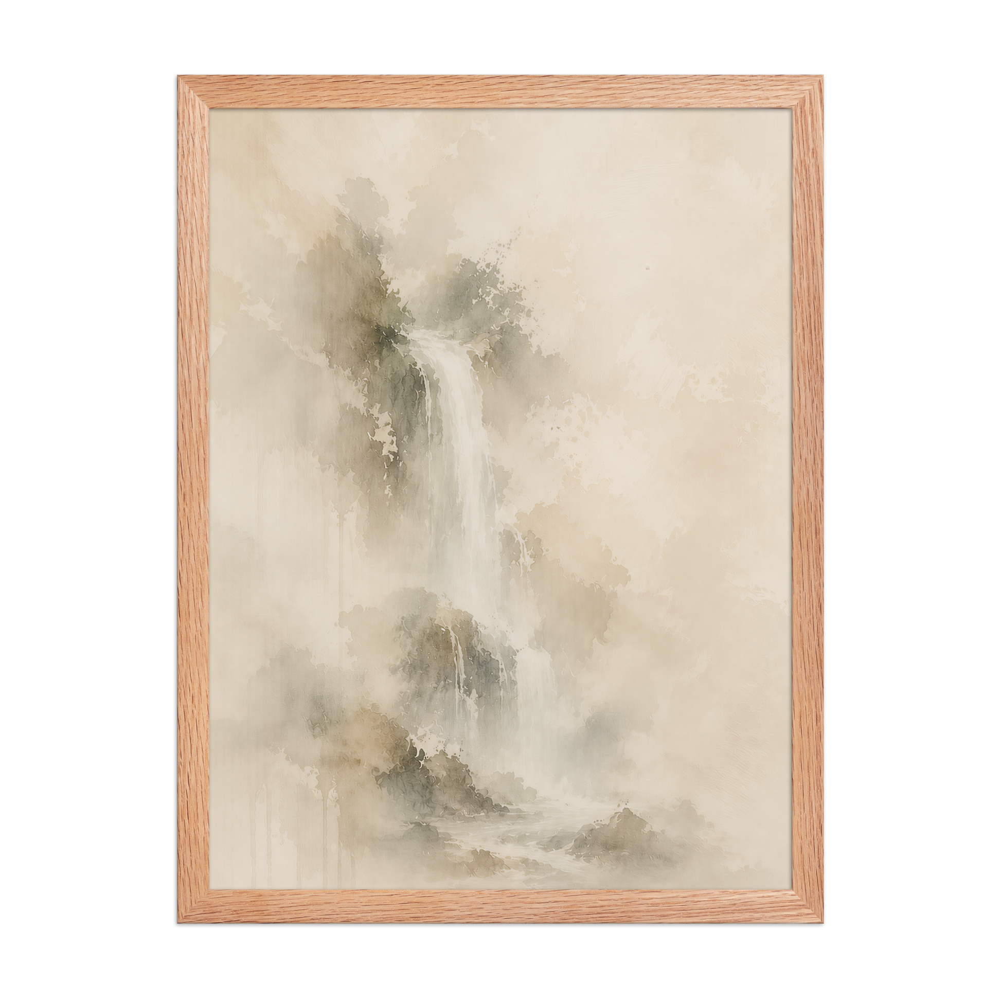 Framed waterfall-inspired poster featuring soft flowing forms in warm neutral and muted earth tones.