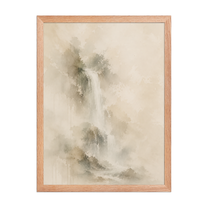 Framed waterfall-inspired poster featuring soft flowing forms in warm neutral and muted earth tones.