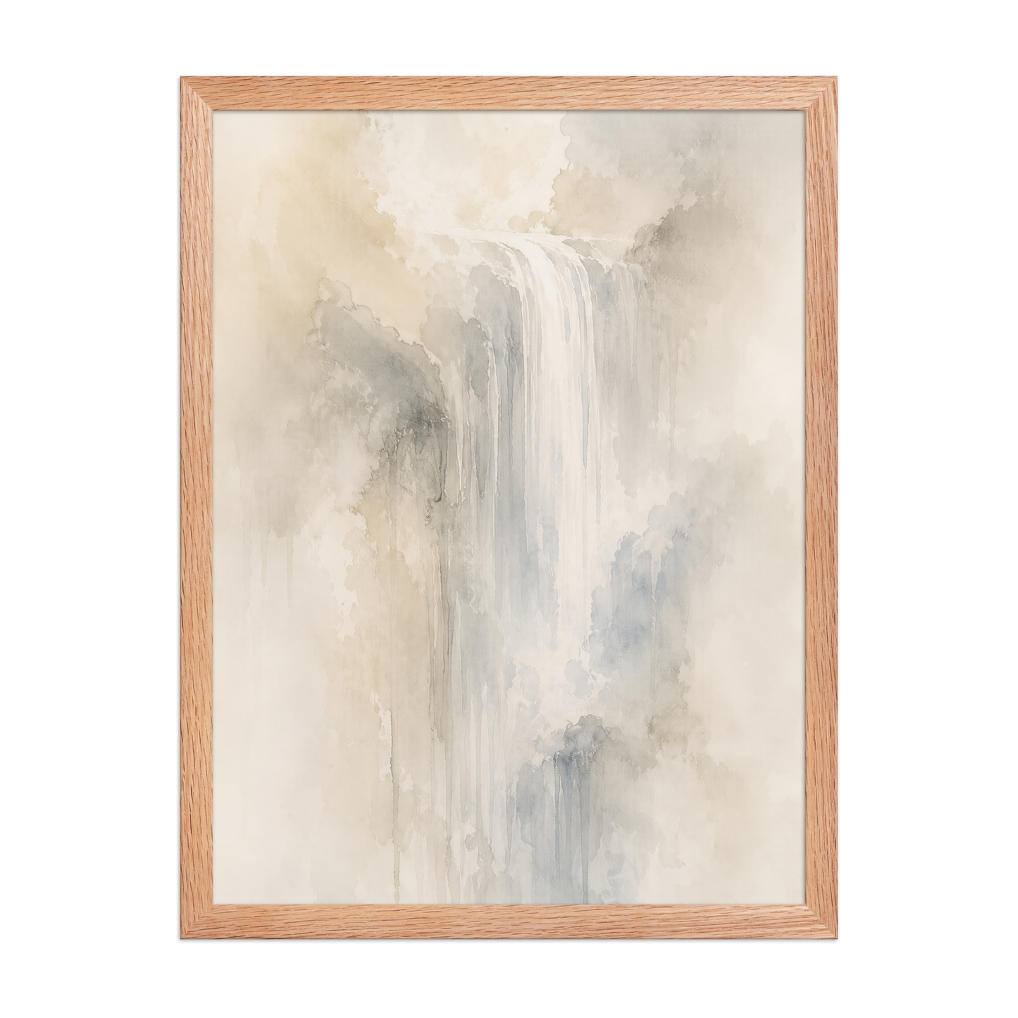Framed waterfall-inspired poster with soft flowing forms in warm neutrals, misty blues, and subtle organic textures.
