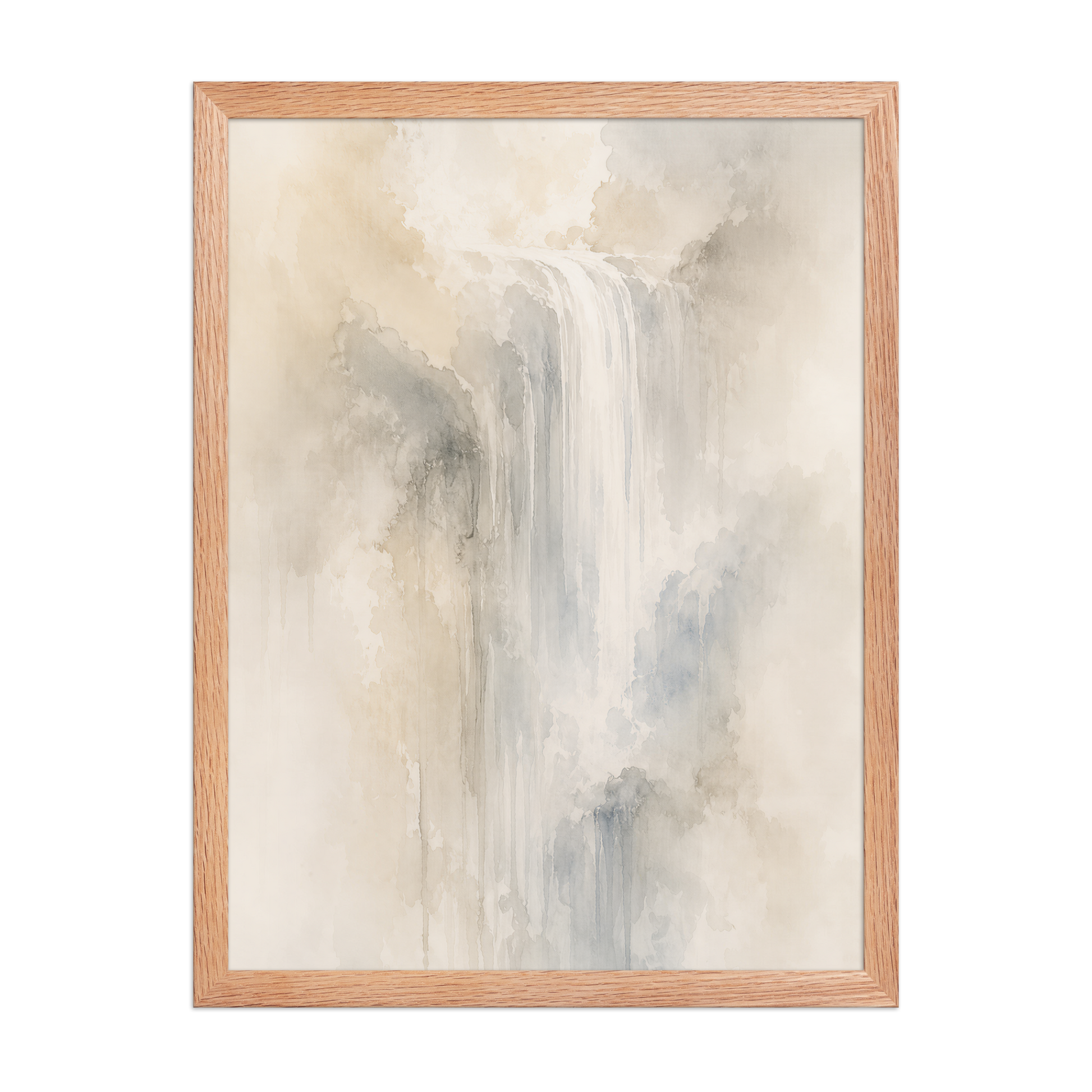 Framed waterfall-inspired poster with soft flowing forms in warm neutrals, misty blues, and subtle organic textures.