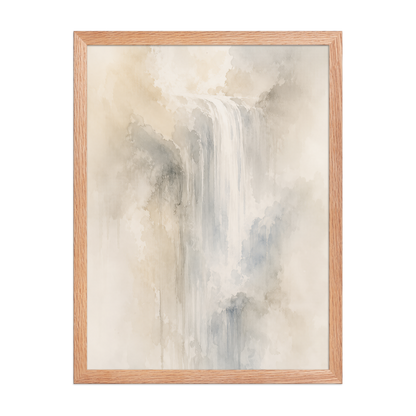 Framed waterfall-inspired poster with soft flowing forms in warm neutrals, misty blues, and subtle organic textures.