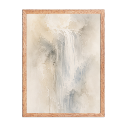 Framed waterfall-inspired poster with soft flowing forms in warm neutrals, misty blues, and subtle organic textures.