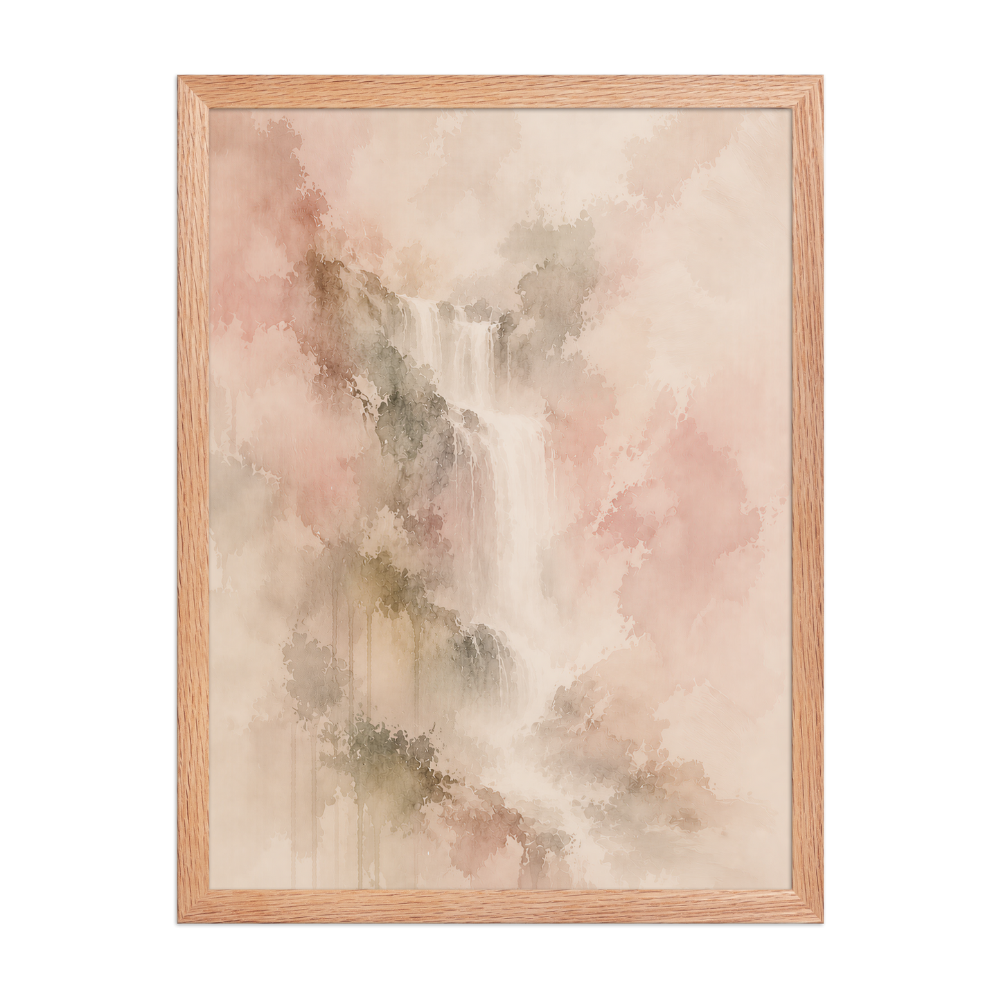 Framed waterfall-inspired poster featuring soft flowing forms in blush, warm neutral, and muted earth tones.