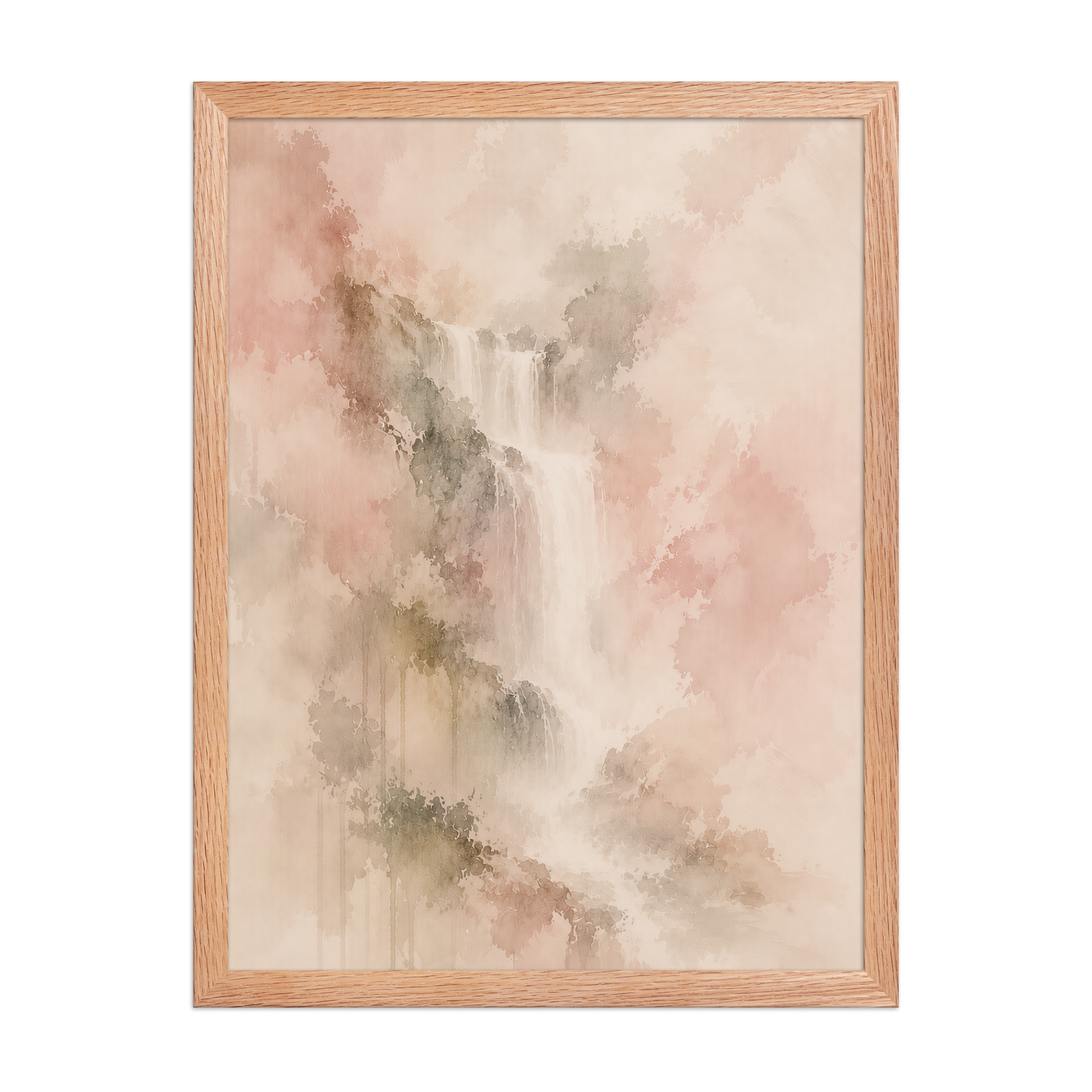 Framed waterfall-inspired poster featuring soft flowing forms in blush, warm neutral, and muted earth tones.