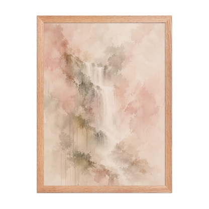 Framed waterfall-inspired poster featuring soft flowing forms in blush, warm neutral, and muted earth tones.