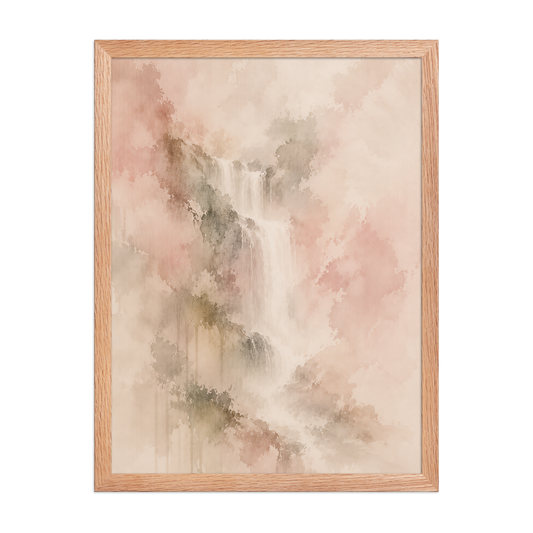Framed waterfall-inspired poster featuring soft flowing forms in blush, warm neutral, and muted earth tones.
