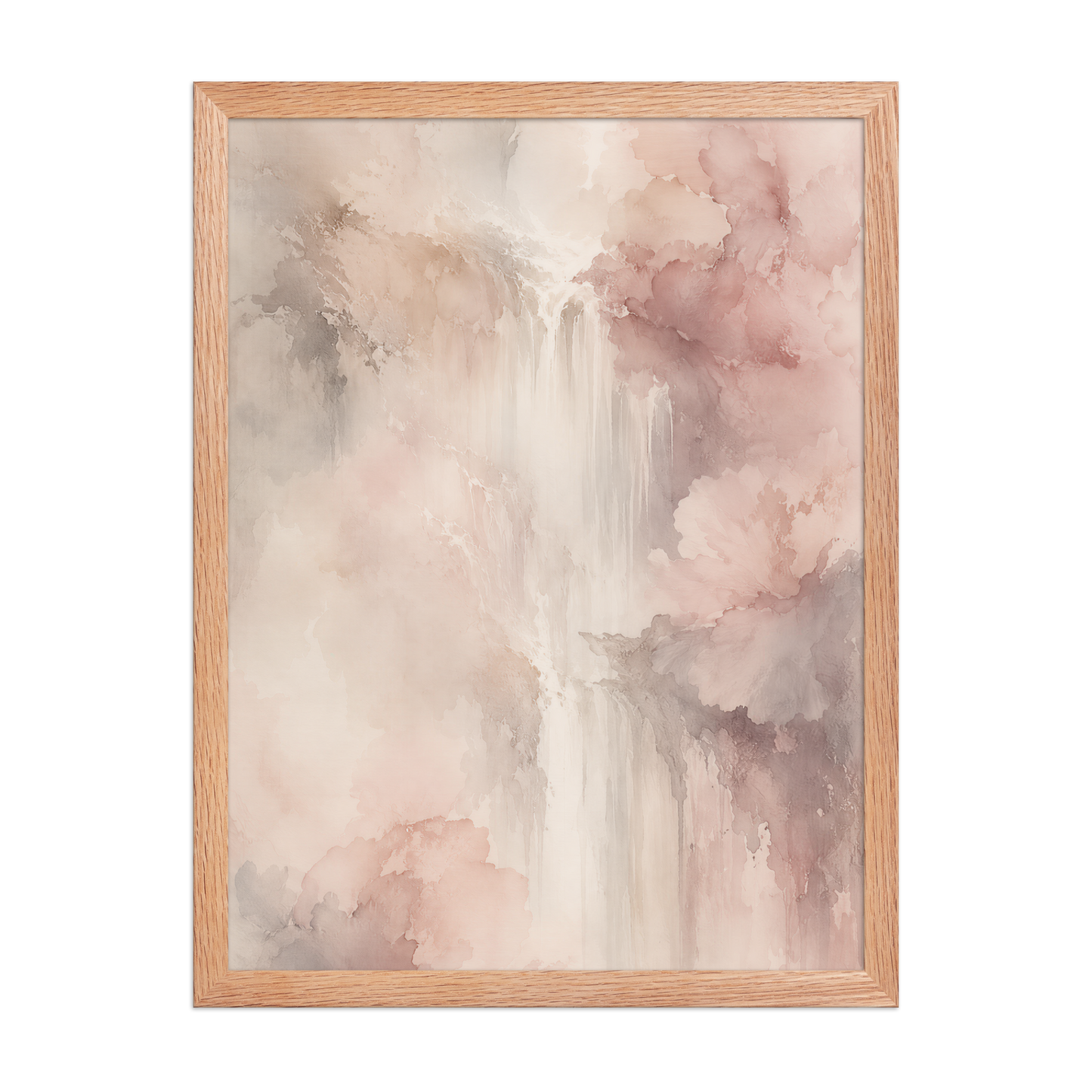 Framed waterfall-inspired poster featuring soft flowing forms in blush pink, warm neutrals, and muted earth tones.