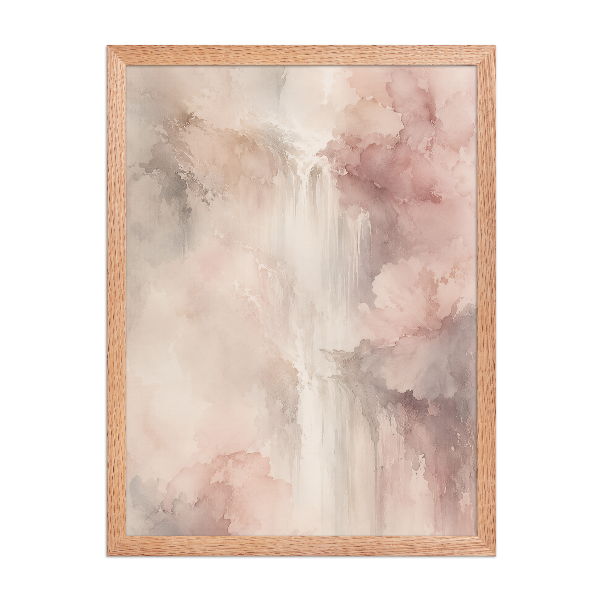 Framed waterfall-inspired poster featuring soft flowing forms in blush pink, warm neutrals, and muted earth tones.