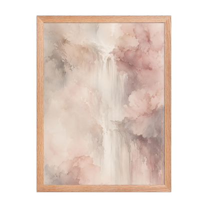 Framed waterfall-inspired poster featuring soft flowing forms in blush pink, warm neutrals, and muted earth tones.