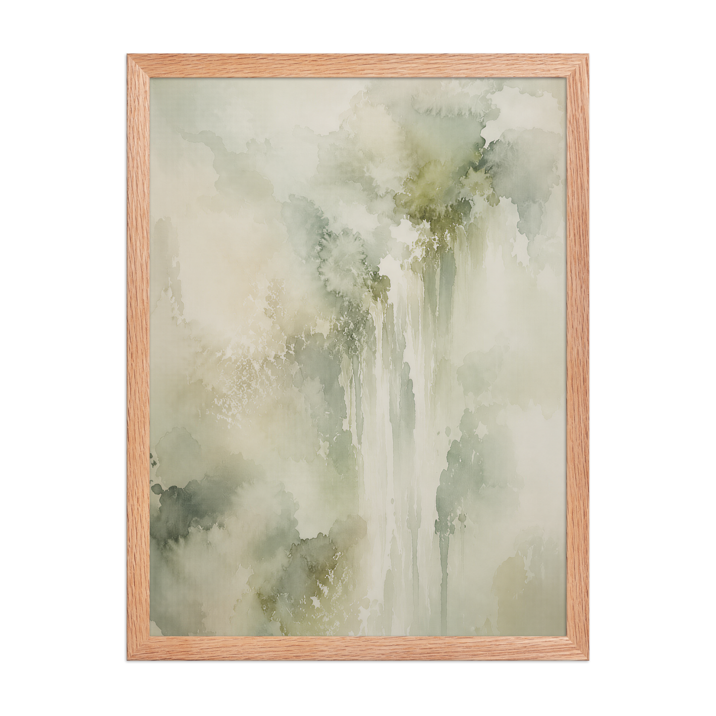 Framed waterfall-inspired poster featuring soft flowing forms in sage green, warm neutrals, and muted natural tones.