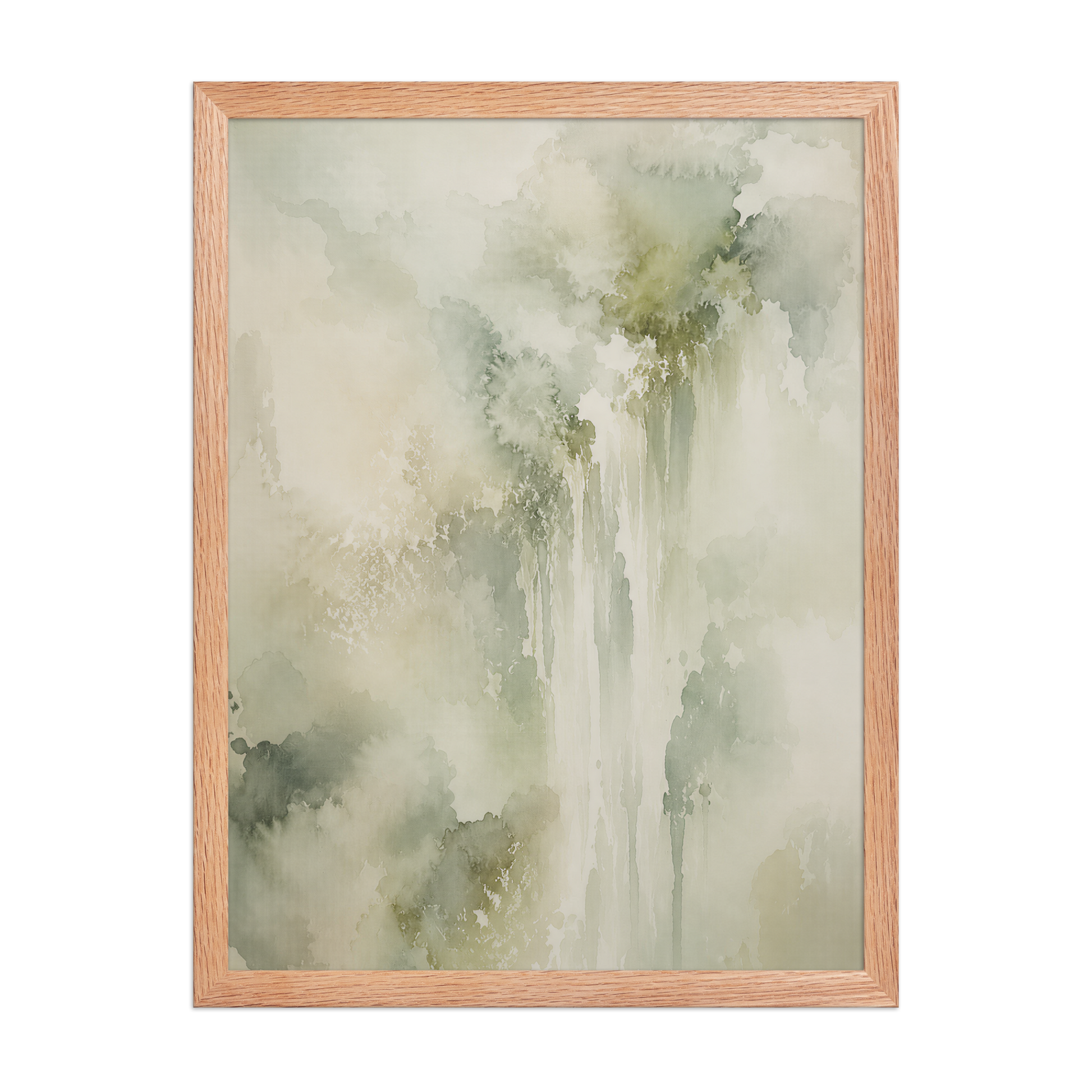 Framed waterfall-inspired poster featuring soft flowing forms in sage green, warm neutrals, and muted natural tones.