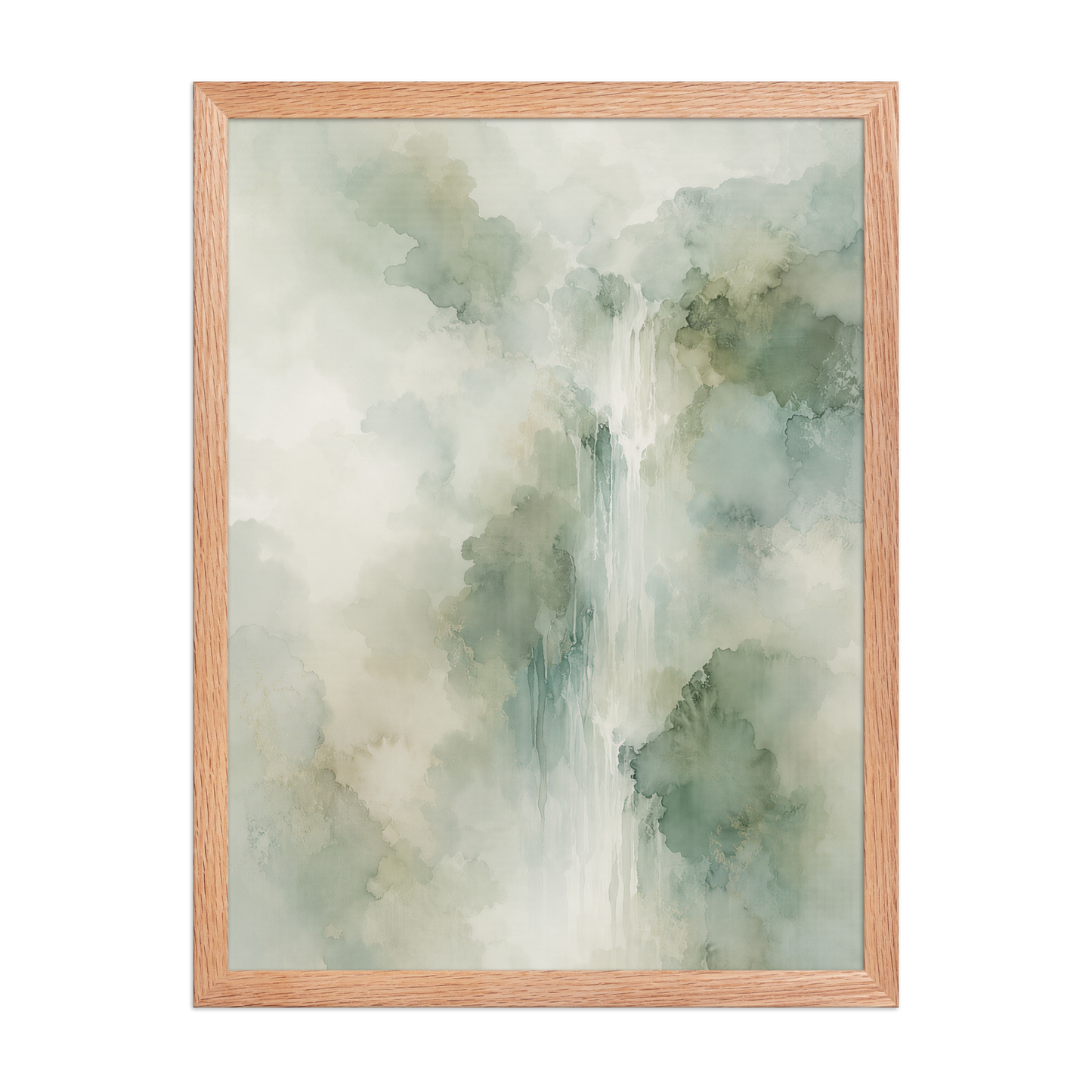 Framed waterfall-inspired poster with soft sage green tones, flowing water, and organic watercolor textures.
