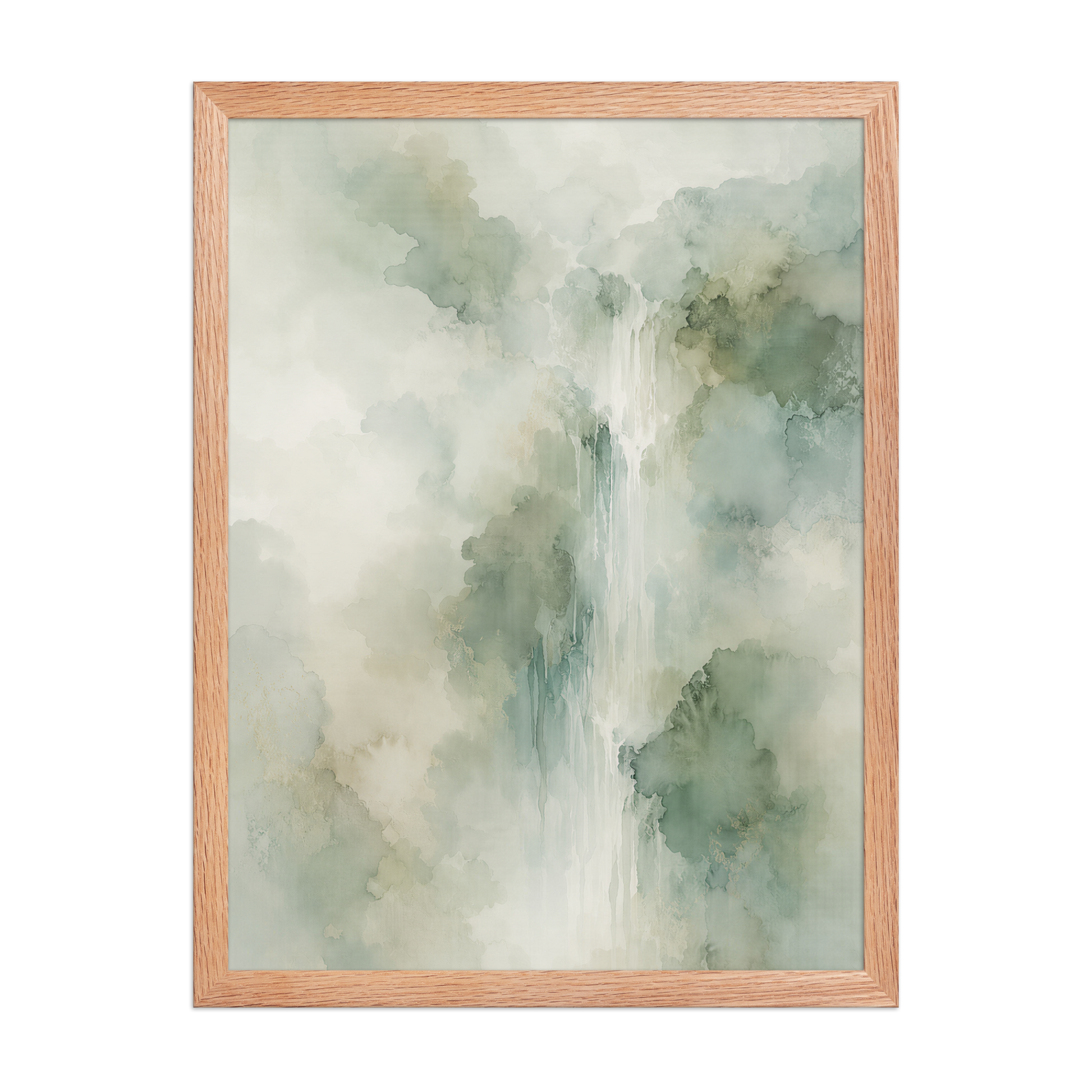 Framed waterfall-inspired poster with soft sage green tones, flowing water, and organic watercolor textures.