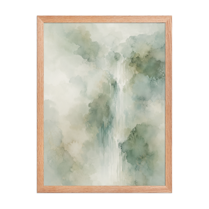 Framed waterfall-inspired poster with soft sage green tones, flowing water, and organic watercolor textures.