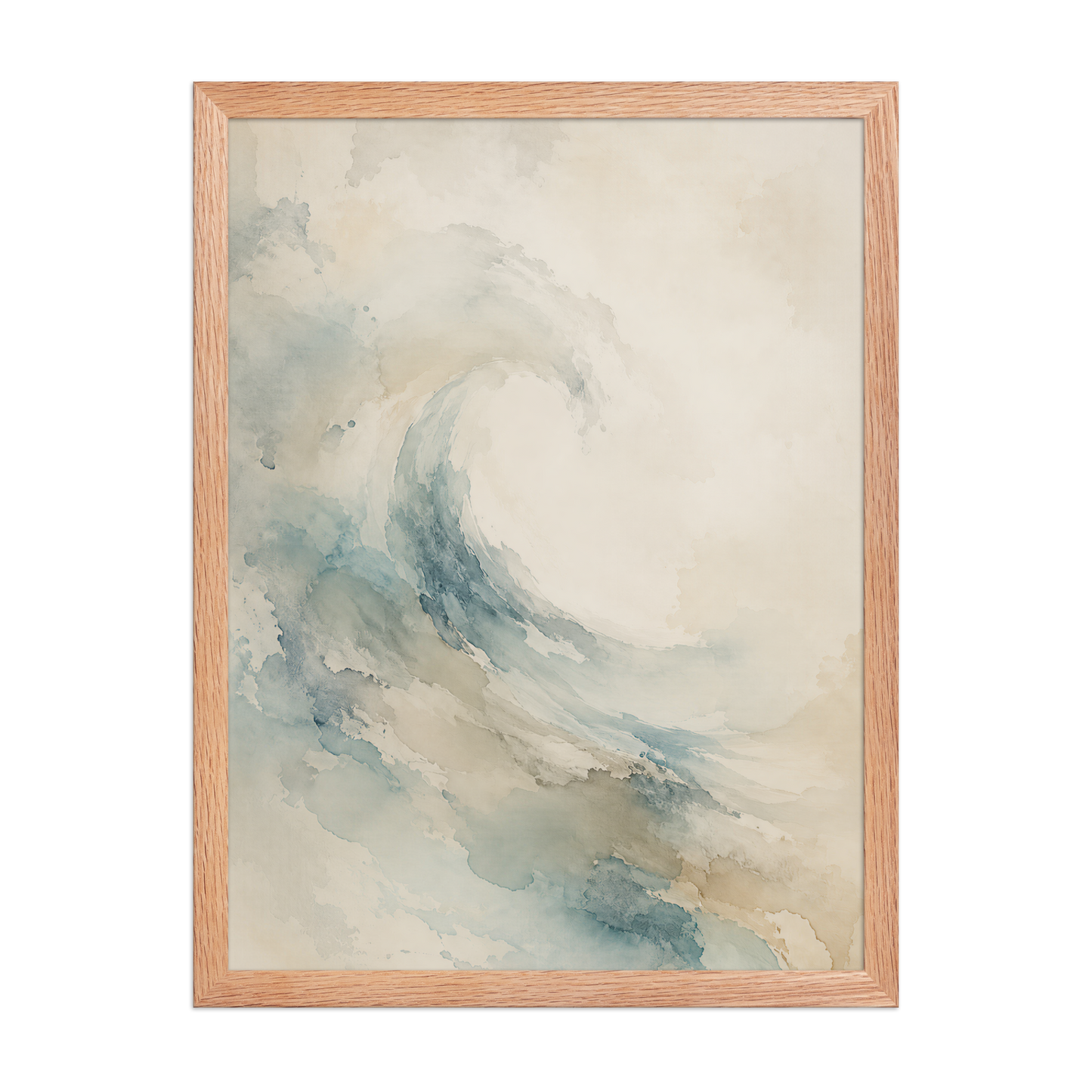 Framed ocean wave-inspired poster with flowing watercolor textures in soft blue, sand, and warm neutral tones.