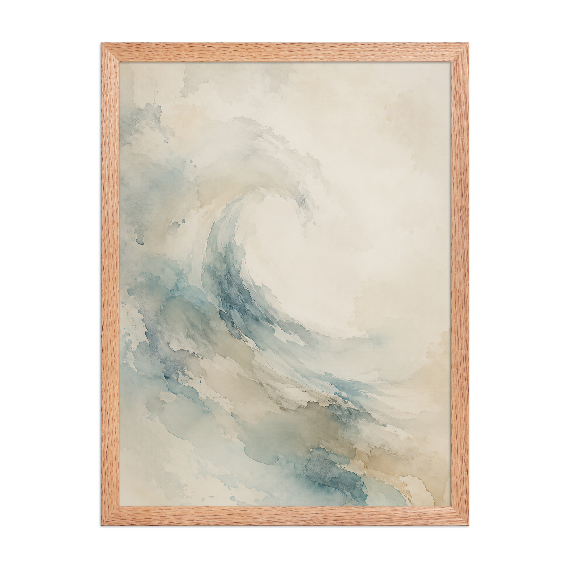 Framed ocean wave-inspired poster with flowing watercolor textures in soft blue, sand, and warm neutral tones.