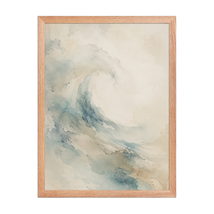 Framed ocean wave-inspired poster with flowing watercolor textures in soft blue, sand, and warm neutral tones.
