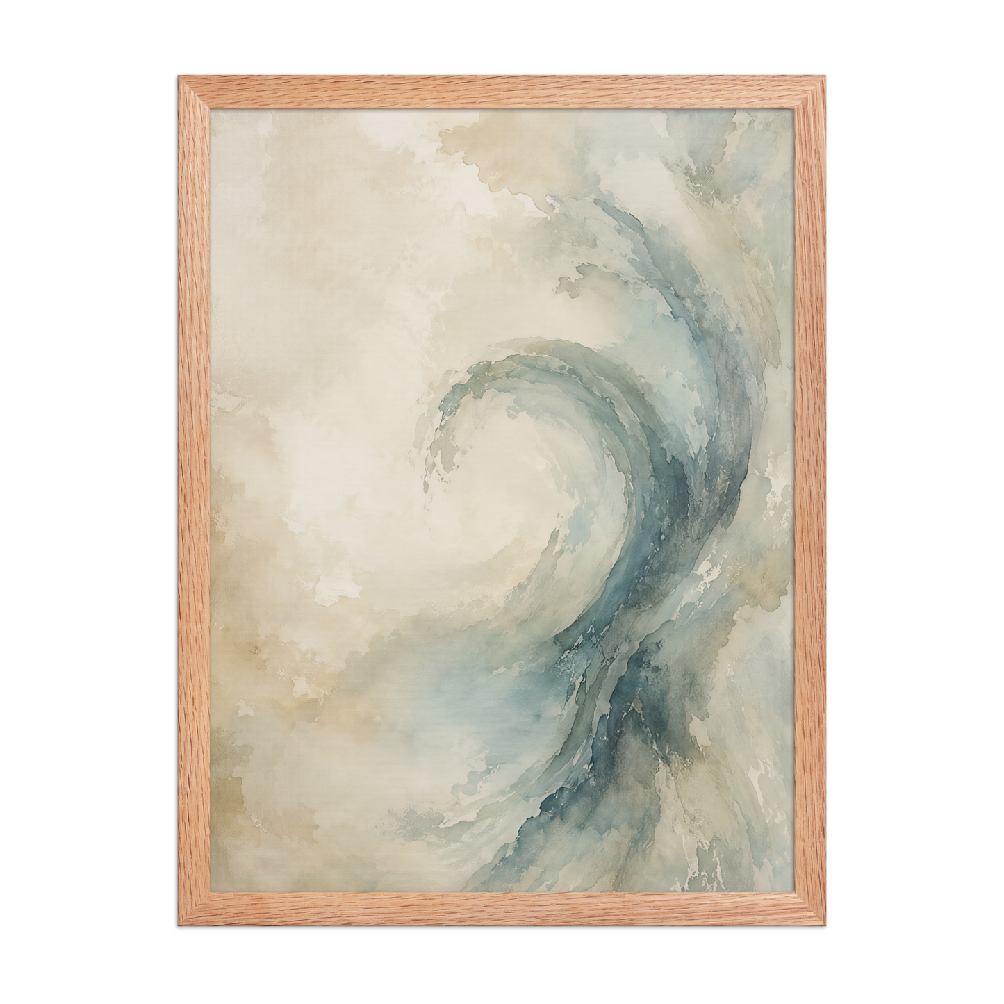 Framed ocean wave-inspired poster with flowing watercolor textures in soft blue, ivory, and warm neutral tones.