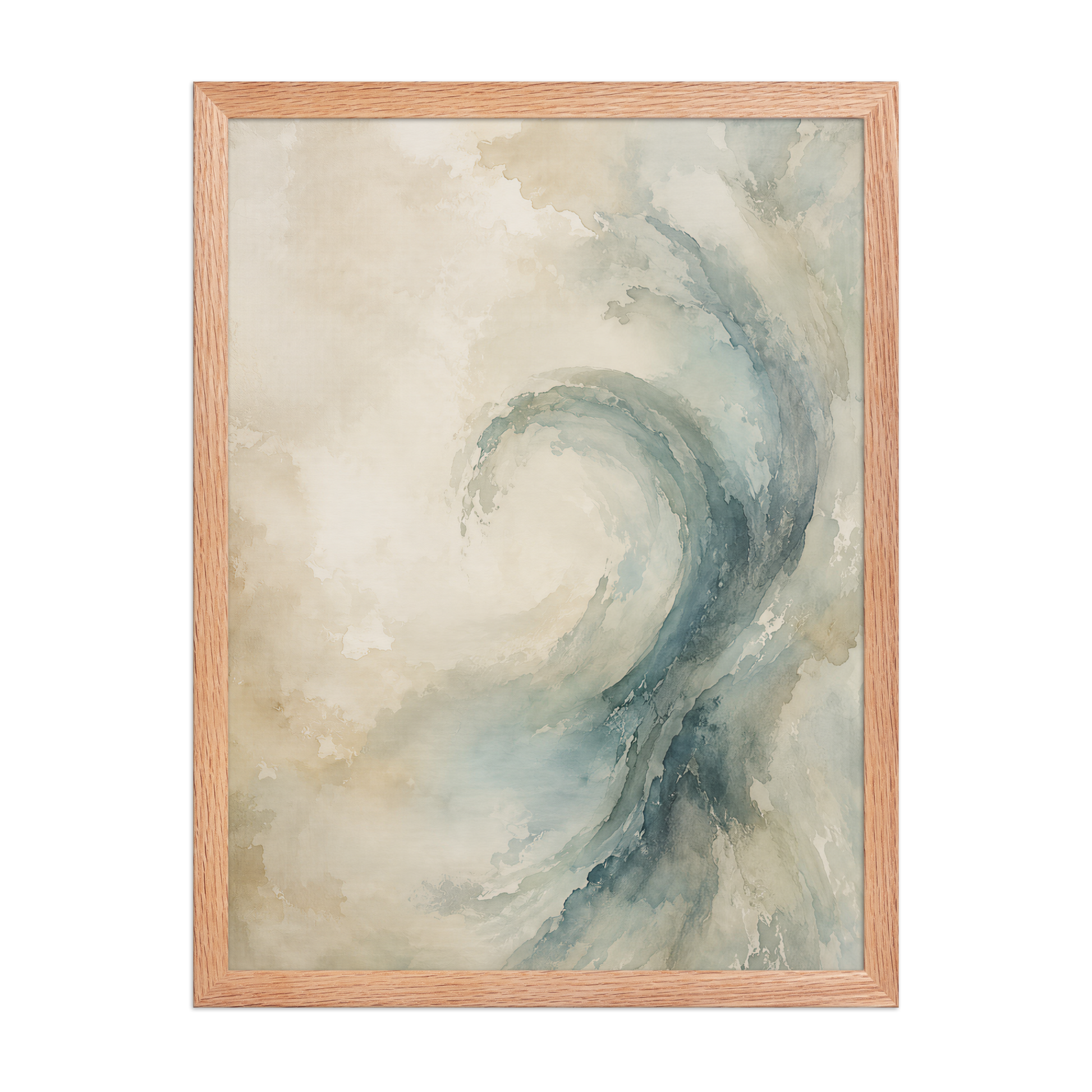 Framed ocean wave-inspired poster with flowing watercolor textures in soft blue, ivory, and warm neutral tones.