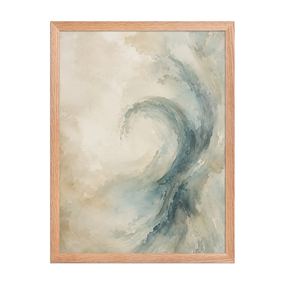 Framed ocean wave-inspired poster with flowing watercolor textures in soft blue, ivory, and warm neutral tones.
