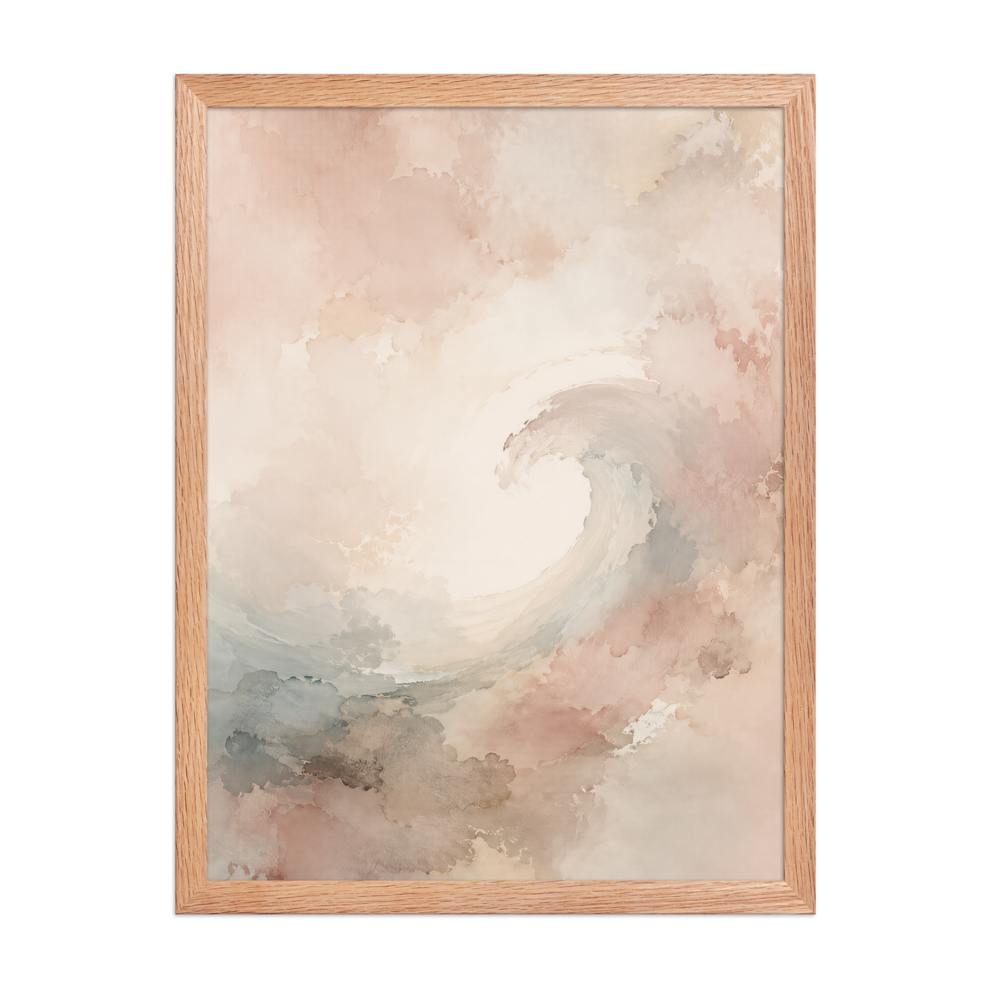 Framed ocean wave-inspired poster with flowing watercolor textures in blush, soft blue, and warm neutral tones.