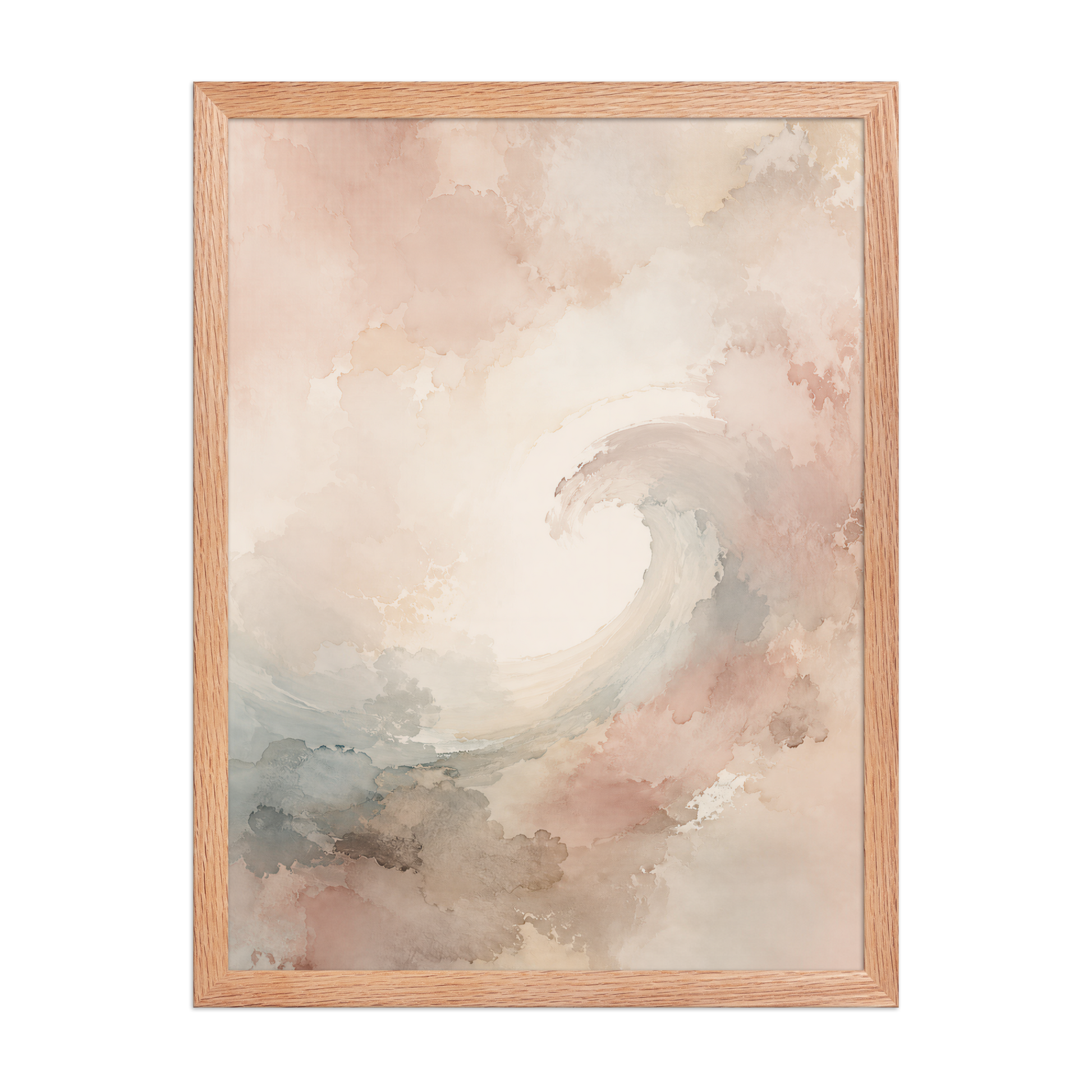 Framed ocean wave-inspired poster with flowing watercolor textures in blush, soft blue, and warm neutral tones.