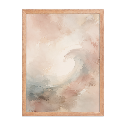 Framed ocean wave-inspired poster with flowing watercolor textures in blush, soft blue, and warm neutral tones.