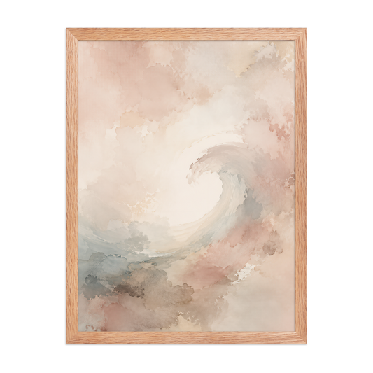 Framed ocean wave-inspired poster with flowing watercolor textures in blush, soft blue, and warm neutral tones.