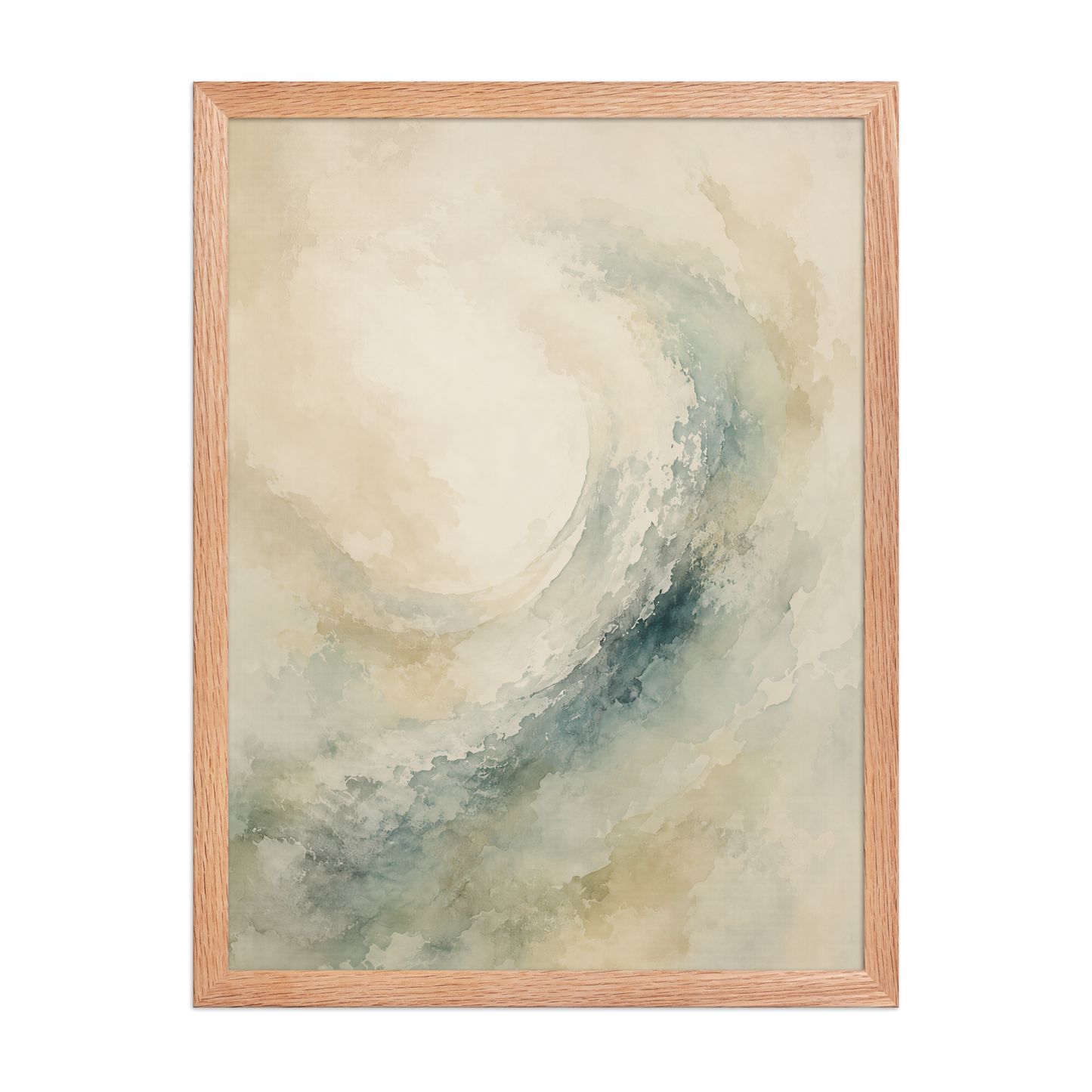 Framed ocean wave-inspired poster with flowing watercolor textures in soft blue, sage, and warm neutral tones.